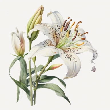 Watercolor realistic detailed white tiger lily clipart, white background, no text