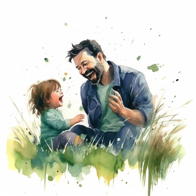 fathers day, water colour clipart, doughter and father laughter in grass, cute, happy, real,