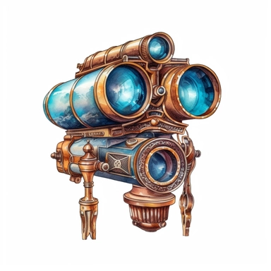 binoculars image, steampunk, intense colors, luxurious, victorian, clipart, watercolour, sky blue, white background, detailed,