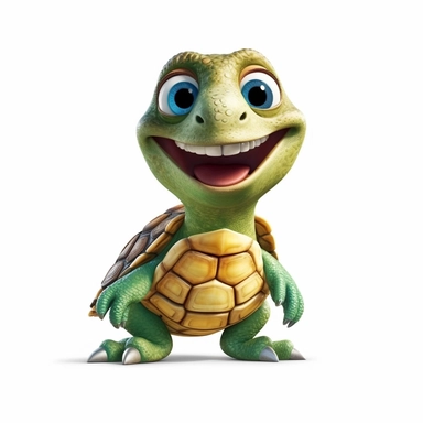 a cute adorable turtle with a big smile, full body image, pixar style, clipart, white background