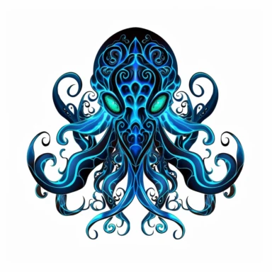 a glowing tribal Octopus with blue lights on his eyes, tribal animals, in the style of manhwa character design, master of shadows, burned/charred, himalayan art, dark black and light azure, 2d game art, quadratura, clipart, on white blackground