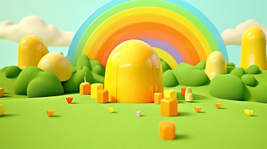 animation clipart : colourful backgrounds, mushroom backgrounds, grass, trees, in the style of playstation 5 screenshot, ambient occlusion, rainbowcore, circular shapes, yellow and green, adorable toy sculptures, selective focus,highly,details,32k uhd