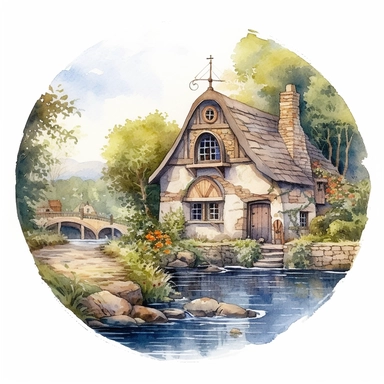 An enchanting watercolor clipart illustration of a picturesque medieval cottage perched near a meandering river, embraced by a tranquil countryside. The cottage boasts weathered stone walls, a thatched roof adorned with climbing vines, and a meticulously crafted waterwheel gracefully spinning by the riverside. The calming river reflects the surrounding nature, with delicate ripples and vibrant aquatic life. Against a clean white background, the watercolor medium enhances the cottage's rustic cha