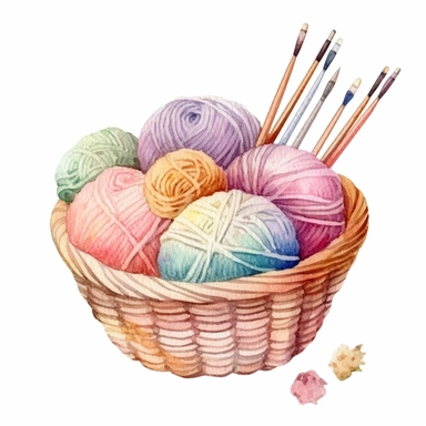 Watercolor Knitting and Crochet Tools in Wicker Basket. Wooden Knitting needle, delicate pastel colours Balls of Wool, Skein, Crochet Hook. Hand drawn clip art set, elements isolated for Knitter, Needlework store, Yarn shop - <@1098423716465102849> (relaxed)