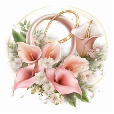 clipart with peach roses, pink peonies, white calla lilies, green stems and leaves, white baby's breath, soft, dreamy pastel colours. Red hearts and gold wedding rings