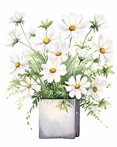 detailed vibrant watercolor bouquet of white cosmos in square plain ceramic vase white space , isolated on white background, realistic, clipart
