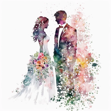 watercolor bride and groom, confetti, flowers, white background, clip art, intricate