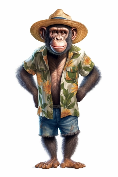 A standing cute chimpanzee wearing a straw hat, wearing a shirt, wearing a short, hawaiian style, clipart, extremely detailed, photo realistic, high resolution, realistic, 8K