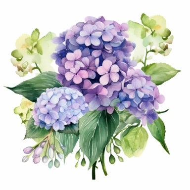 lavender colored hydrangea flowers arrangement with watercolor effect,suitable for digital clipart,white background,green leaves