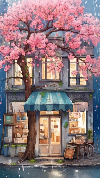 Very very cute and Whimsical quirky Jazzy coffee shop, building corner, cherry tree blossom, Raining colorful, Watercolored illustration in the style of Michael Powell, clipart, city vibe background - 8K