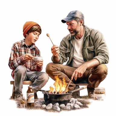 CREATE A WATEFCOLOR CLIPART ILLUSTRATION OF A FATHER AND SON ROASTING MARSHMALLOWS ON A CAMP FIRE, ULTRA REALISTIC, PHOTO REALISM, WHITE BACKGROUND