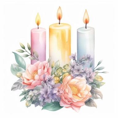 three candles, flower bouquet, pastel colors, watercolor style, white background, clip art