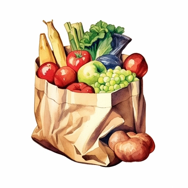 watercolor fresh vegetables and fruits in a paper bag royalty stock, in the style of farm security administration aesthetics, teal and red, y2k aesthetic, paleocore, naïve drawing, impressionist: dappled light, dark green and beige Clipart desert cartoon t-shirt graphic, vector, contour, isolated on a white background
