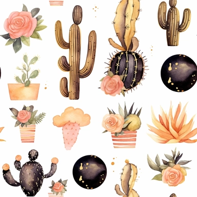 Draw a watercolor-style clip art images that feature objects related to an aesthetic adorned with floral designs. The images should have aesthetic, and should incorporate elements such as watercolor [gold] whimsical and cute illustration in watercolor of DESERT CACTUS, with black ornaments , in a Scandinavian folk art style with botanical and swirl motifs. light pink gold colors Traditional with a modern twist watercoloritem collection, isolated on a white background, classy, simple, graphics, c