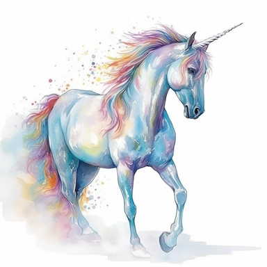 Craft a beautiful side - view illustration of a full body unicorn, employing a vibrant watercolor style. Medium: Render the image in a watercolor painting style, channeling the expressive, free - flowing techniques of artists like Mary Whyte. Style: The unicorn should appear graceful and dreamy, its side profile showcasing the gentle curve of its neck, the sweep of its mane, and the spiraling elegance of its horn. Lighting: Use the soft, diffused light of a fairytale dusk, casting subtle shadows