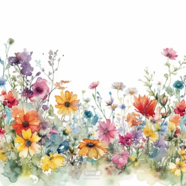 A captivating watercolor floral border clipart, replete with a riot of wildflowers, comes alive against a pristine white background, reminiscent of the loose, expressive style of English artist Helen Wells. The border is a garden of delicate blooms in a symphony of colors, its undulating pattern adding an air of romance, perfect for a wedding theme. The color temperature is a mix of warm and cool tones, echoing the diverse colors of wildflowers. No facial expressions are present, yet each flower