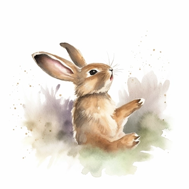 An endearing watercolor rabbit clipart, A heartwarming scene unfolds as a baby rabbit revels in playful joy, lying on the ground in various positions, captured from different perspectives. In one view, the baby rabbit is stretched out on its side, its tiny paws reaching towards the sky, showcasing a sense of carefree abandon. In another, it curls up into a ball, nestling its fluffy body against the soft grass, exuding a sense of comfort and contentment. The artwork, created in watercolor, embrac