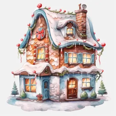 watercolor style, gingerbread christmas house clipart, isolated on white background, 4K