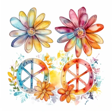 watercolor LINE ART SKETCH of 2 individually spaced apart Groovy, retro, hippie, flower power, digital printable clipart, vibrant color palette, white background
