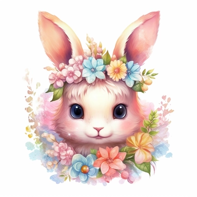 Kawaii Pastel Bunny Clipart floral magical, Cartoon, hyper realistic, intricate detail, illustration style, high resolution, on the white background