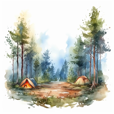 camping scene in forest watercolor style clipart on white background with margins