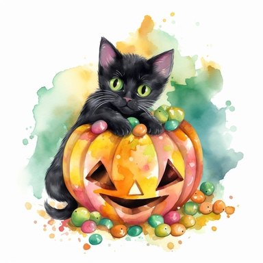 a large Halloween pumpkin, pumpkin is filled with colorful wrapped candies, lollipops, and candy corn, inside the pumpkin is a cute little black kitten with big green eyes, scattered candy is laying flat around the pumpkin, Halloween colors, magic, fantasy, watercolor, clipart style, white background with margins