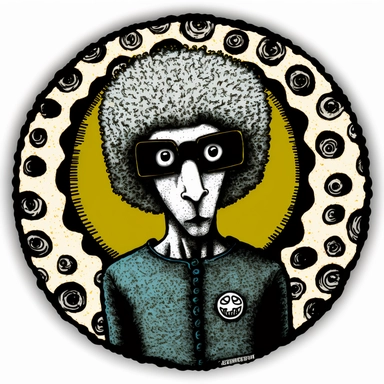 sheep designer, Basil Wolverton, Dungeons & Dragons, handpainted punk zine fashion poster, clipart illustration, circle white background, circle border