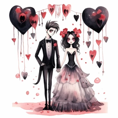 Lovecore. Clipart. A captivating gothic wedding illustration in a watercolor style with a touch of flat design. The artwork features a bride and groom in a whimsical and stylized representation. The composition is set against a clean white background, allowing the bold colors and clear contours to stand out. Emphasize the gothic theme with a color palette consisting of dark shades of black, deep red, and other complementary neutral tones. The illustrations should have a minimalist aesthetic with