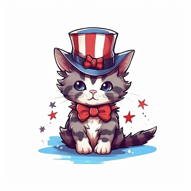 isolated flat clipart on a white background of a cute chibi Fourth of July themed cat wearing a top hat with red stripe tshirt design graphic, in the style of daniel f. gerhartz, transcendent, nikon d850, art of burma, captures the essence of nature, in the style of organic forms and patterns, expansive skies, hyper-detailed illustrations, i can't believe how beautiful this is, lively colors