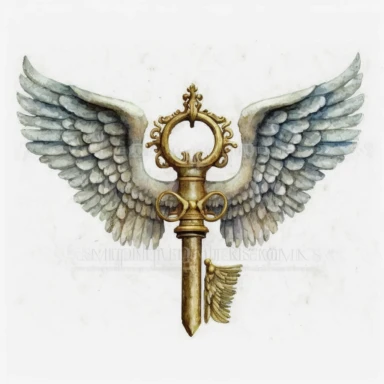 watercolor old key with wings from harry potter clipart, white background, 500 DPI