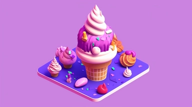 3d 32-bit isometric anime ice cream clipart, with single purple color background
