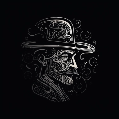 a logo featuring a silhouette of the head of a man in a top hat, in the style of art nouveau organic forms, algeapunk, matt fraction, charles schulz, neurocore, stanisław szukalski, black-and-white graphic, in the style of wall sculpture and installation, rough-edged 2d animation, dynamic anatomy, 8k 3d, comical figurative, minimalistic sophistication, scientific illustrations, silhouette clipart vector, in the style of surrealist subconsciousness, steampunk influences, creative commons attribut
