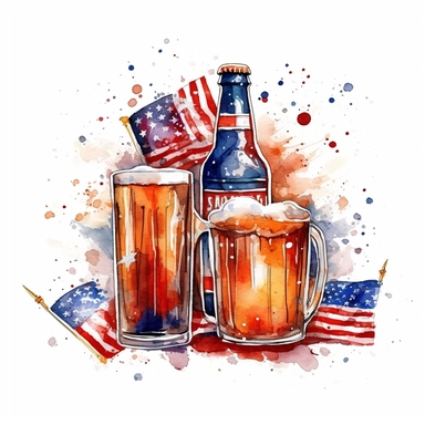 fireworks, shades of American flag, patriotic, beers, celebration, aquarelle, clip art illustartion