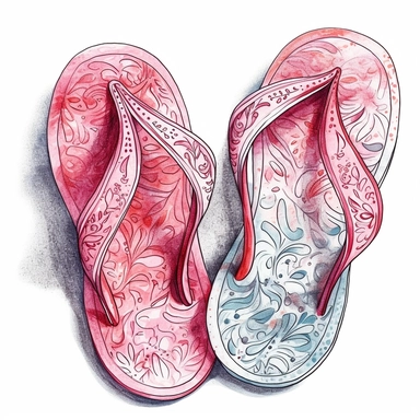 watercolour illustration flip flops pink themed colours, highly detailed, clipart, white background, contour, clear outline, no splash