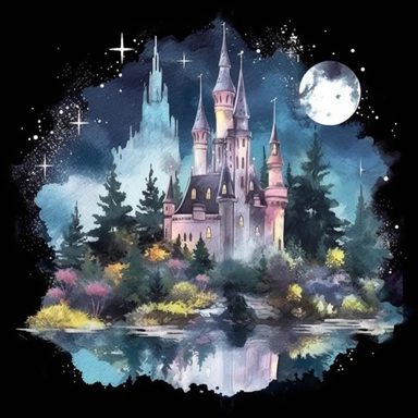 light watercolor Fantasy Castles night scenery on the moon in the garden forest realistic clipart on black background