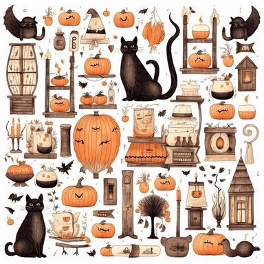 whimsical halloween clipart set, black cat, pumpkins, candles, sweets, ghosts, bats, spiders, haunted house, Minimal vintage, highly detailed, white background