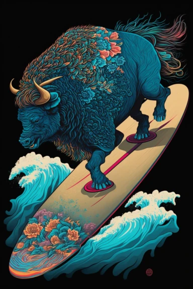 a painting of a standing Bison riding kanagawa wave on a longboard surfboard, behance contest winner, psychedelic art, paisley, beautiful waves in sea, james jean and clyde caldwell, clipart, hi - fructose art magazine, katherine lam, artgram, marc newsom, sovietwave,