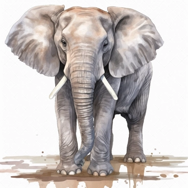 a calf grey African elephant, stood sideways to the camera looking right, shooting water from its trunk, watercolour painting transparent background png clipart - <@1074466201847210054> (Waiting to start)