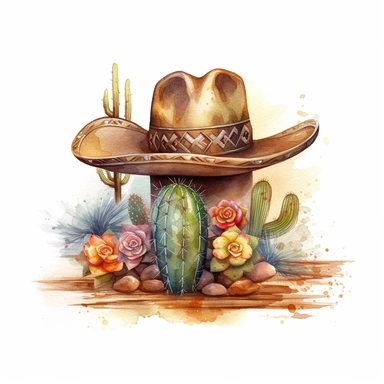 Design an enchanting watercolor clipart illustration on a white isolated background vector, showcasing a beautifully embellished leather cowboy hat with colorful floral patterns resting on the sandy desert floor, accompanied by a tall and proud cactus plant. Draw inspiration from the artistic style of Joseph Zbukvic, a talented watercolor artist celebrated for his atmospheric and evocative compositions, to create a composition that exudes tranquility and captures the essence of the desert enviro