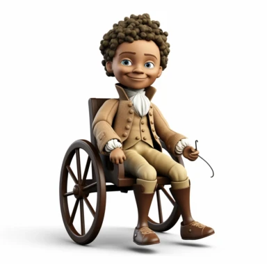 cute 3d cute little boy historian clipart, various ethnicities, in early modern historical era wheelchair, full body, on white background