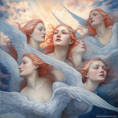 clipart, pastel blue sky, gray black clouds, red sun, white angels fly in the clouds, realism, white background, Painting By Jean Delville, heavenly, fresco