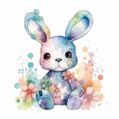 watercolor stuffed toy rabbit with flowers, clipart , cute, alcohol ink, splatter effect