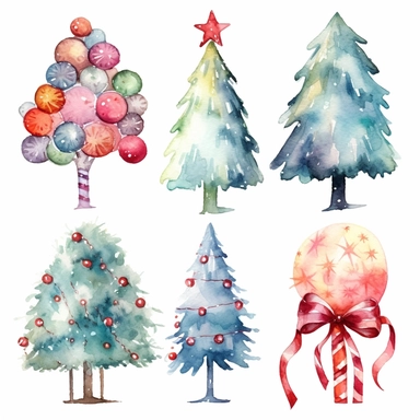 Watercolor christmas trees with christmas ornaments with gift boxes underneath, illustrations clipart set, simple, christmas colors , cartoon elements, different variants , candy cane, hollybell, bow, separate elements with a margin