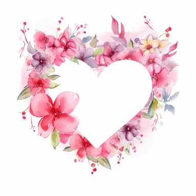 heart shaped pink flower borders with white copy space in the center watercolour clipart illustration with isolated background