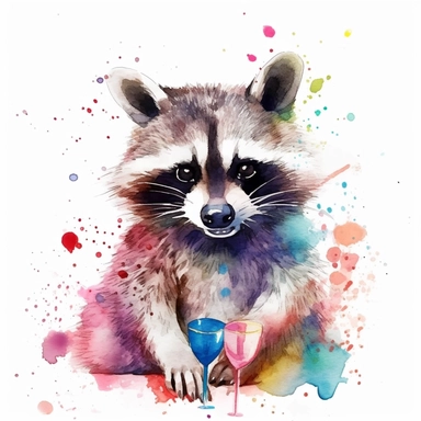 please create watercolor clipart of a raccoon smiling, wearing party PAINT AND PARTY POPPERS, colorful, WHITE BACKGROUND