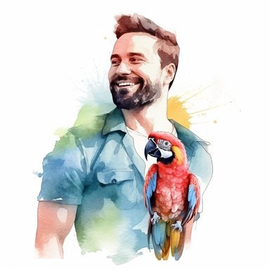 Adorable pet Macaw having happy moment with it's human owner, water color style, clipart, white background