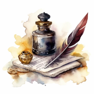 Quill pen and inkwell: An iconic writing tool, a quill pen and inkwell is a timeless symbol of writing and creativity. Watercolor illustration with photorealistic high details clipart, white background