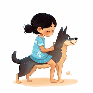 light skin toddler girl with black hair and blue dress riding a light-brown canaan dog drawn from their back in children's book style clipart