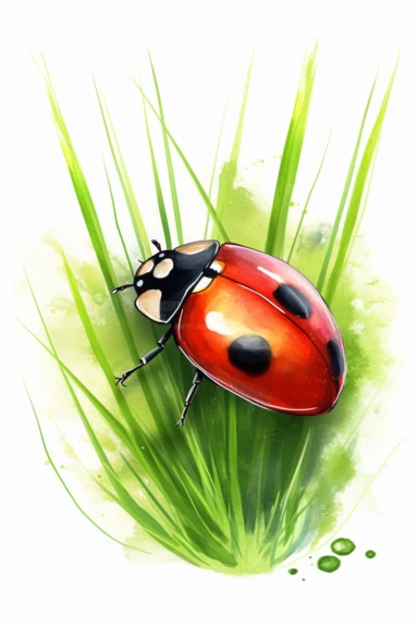 Ladybird Ladybug on green grass blade Clipart, watrcolor on white background, High Quality,