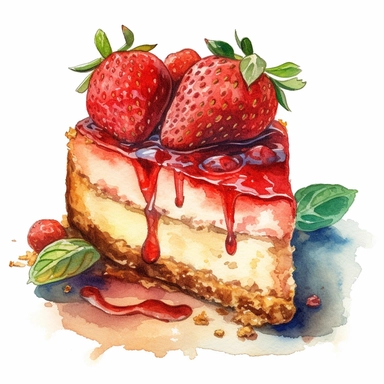 create a beautiful one of a kind high quality extremely detailed watercolor clipart image of a delicious STRAWBERRY cheesecake, make the STRAWBERRY cheesecake look delicious and refreshing, pay close attention the graham cracker crust, DISNEY STYLE, PNG, commercial use, white background, no text, no font, no watermark, white background, no text, no font, no watermark, white background